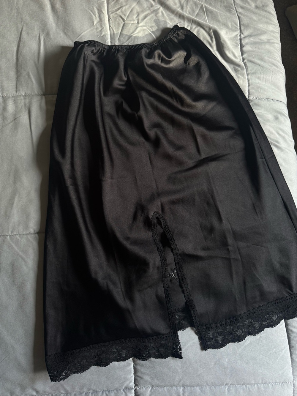 Vintage Christian Dior Black Satin Slip Midi Skirt with Lace Detail
